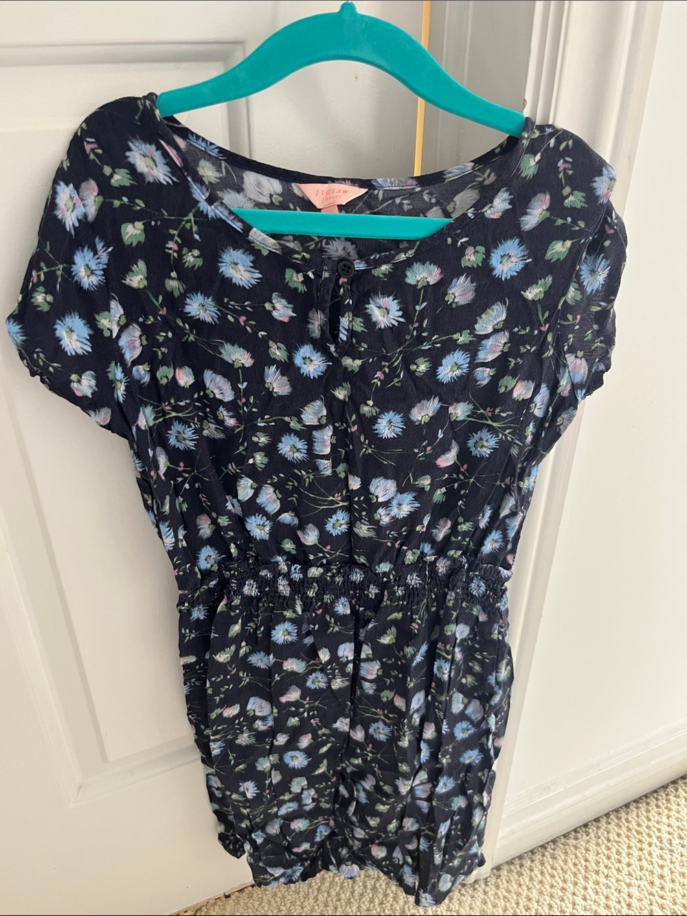 Jigsaw Black Floral Short Sleeve Kids Dress with Blue & Green Flowers